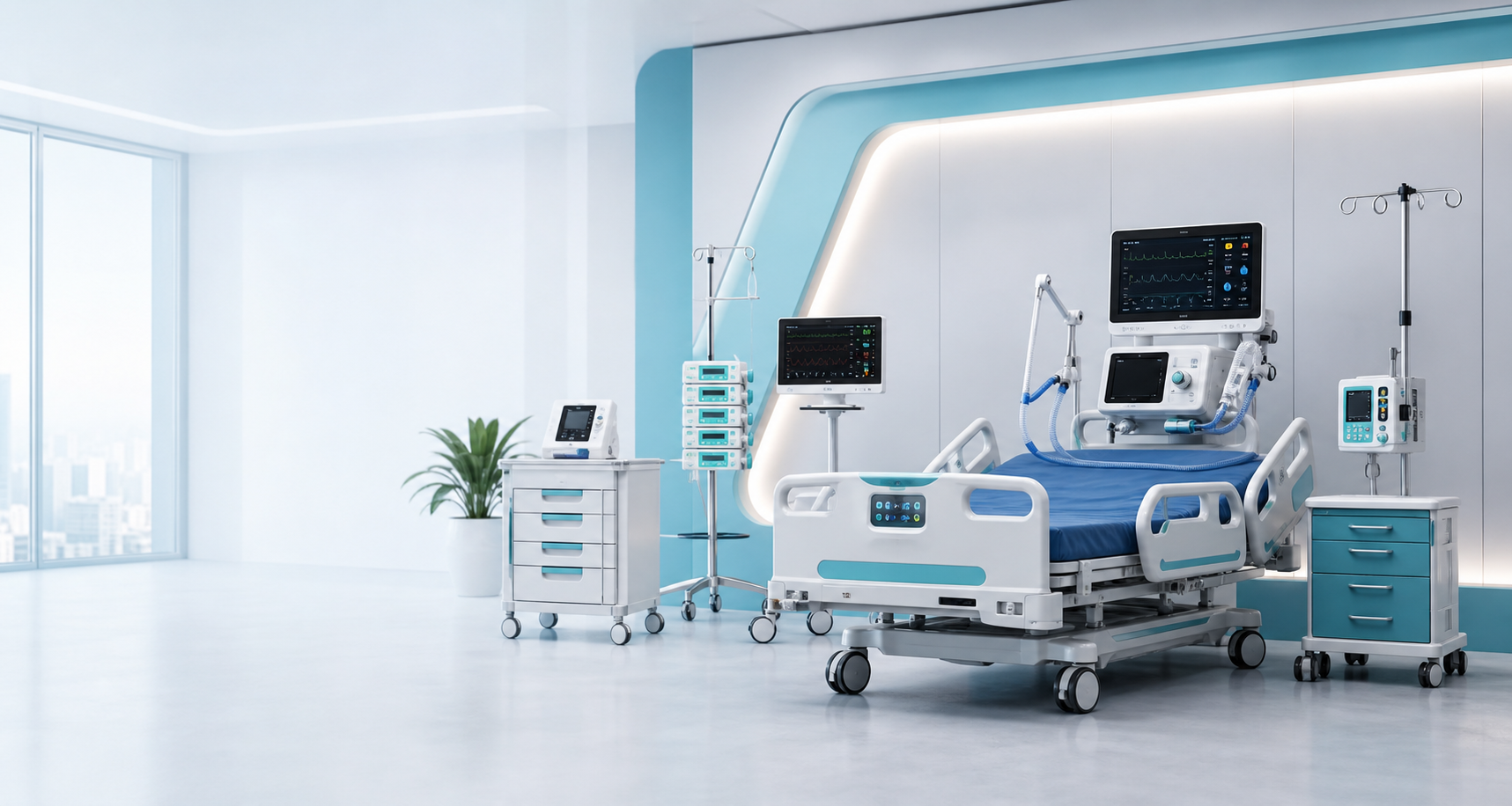 Modern medical equipment showroom with hospital devices